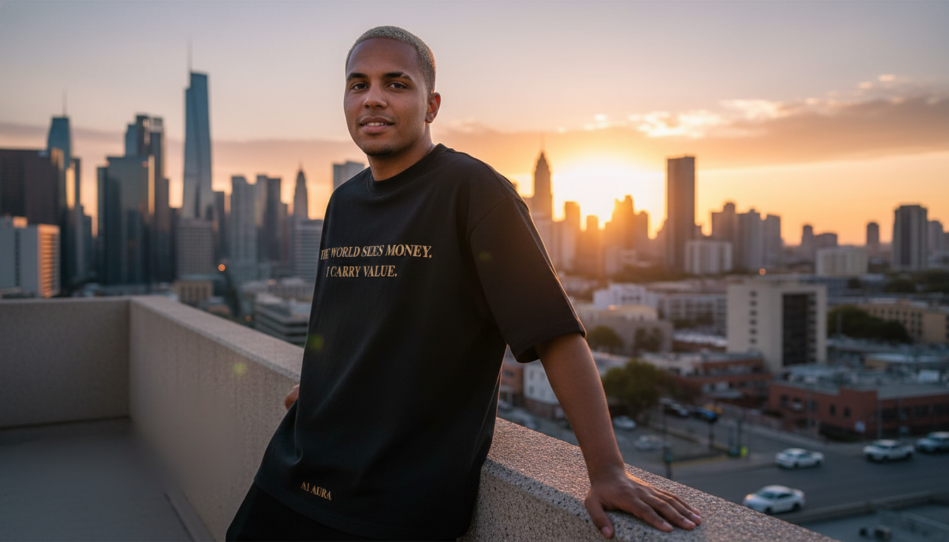 Person wearing an A1 AURA Rich Soul oversized black t-shirt with gold accents, standing confidently in a sophisticated urban 