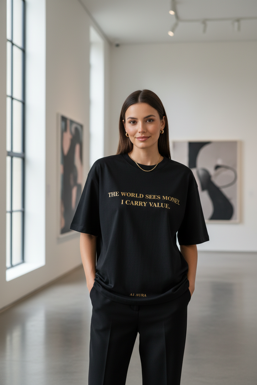 Person wearing a black A1 AURA Rich Soul oversized luxury t-shirt with gold accents, in a chic, minimalist urban setting.