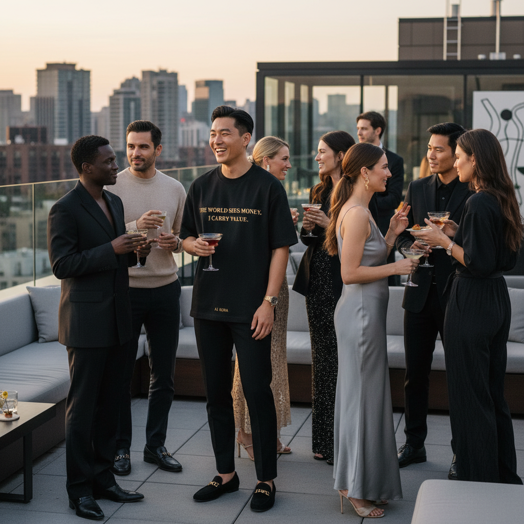 Fashionable individuals in a luxurious setting, one wearing a black and gold A1 AURA Rich Soul oversized luxury T-shirt.