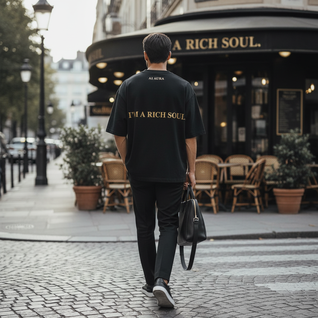 Person wearing a black and gold A1 AURA Rich Soul Oversized Luxury Tee in an upscale urban setting, candid lifestyle photo.