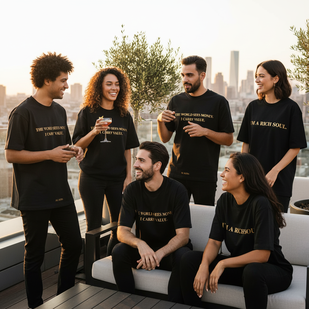 A diverse group of stylish young adults wearing black and gold A1 AURA Rich Soul oversized luxury t-shirts, casually interact