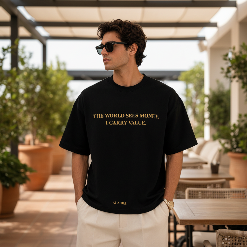 Individual wearing a black A1 AURA Rich Soul oversized luxury t-shirt with gold accents, in a candid outdoor setting.