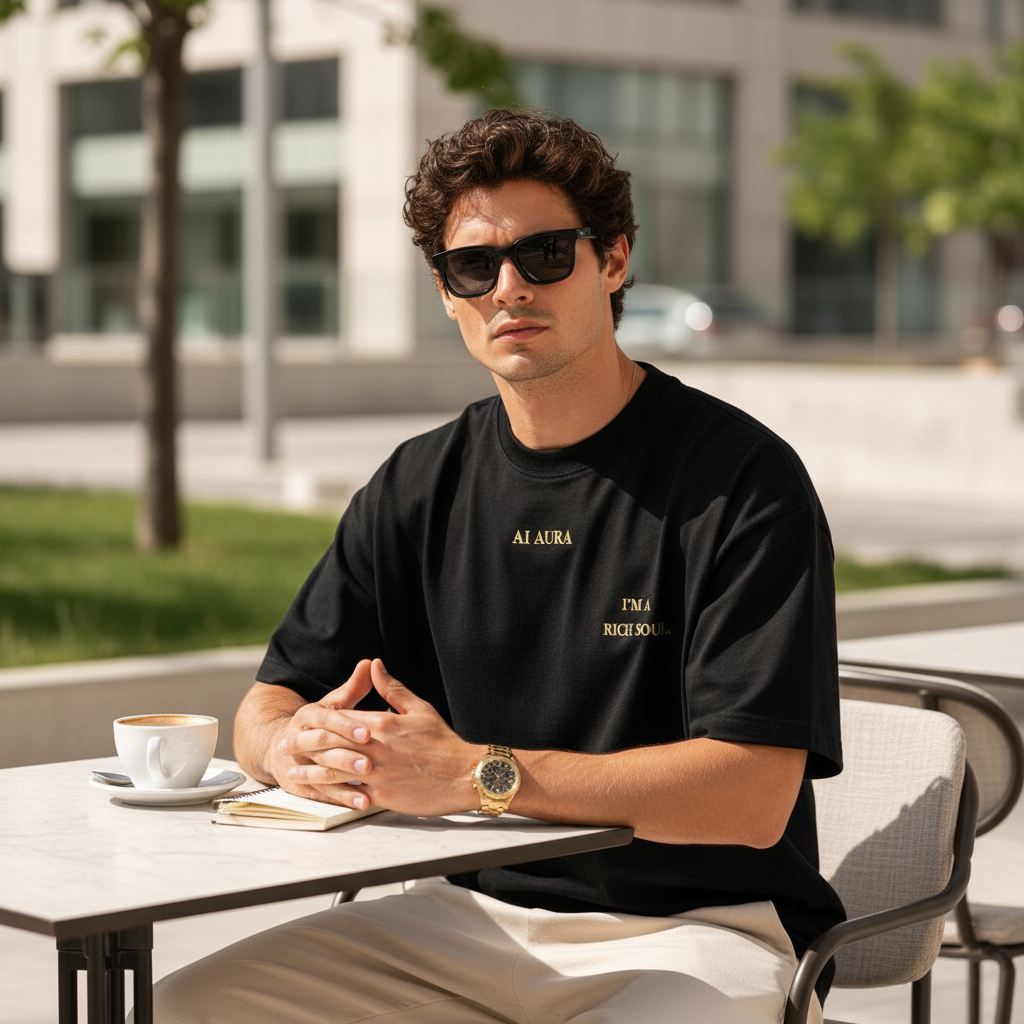 Young adult wearing a black A1 AURA Rich Soul Oversized Luxury Tee with gold accents in an upscale urban setting.