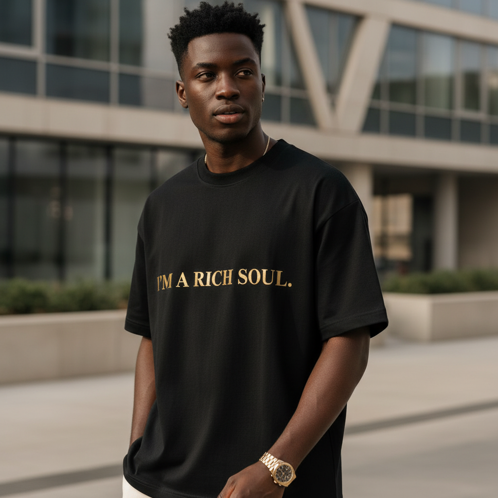 A stylish Black male model in an urban setting, wearing the A1 A1 AURA Rich Soul Oversized Luxury Tee in black with gold acce