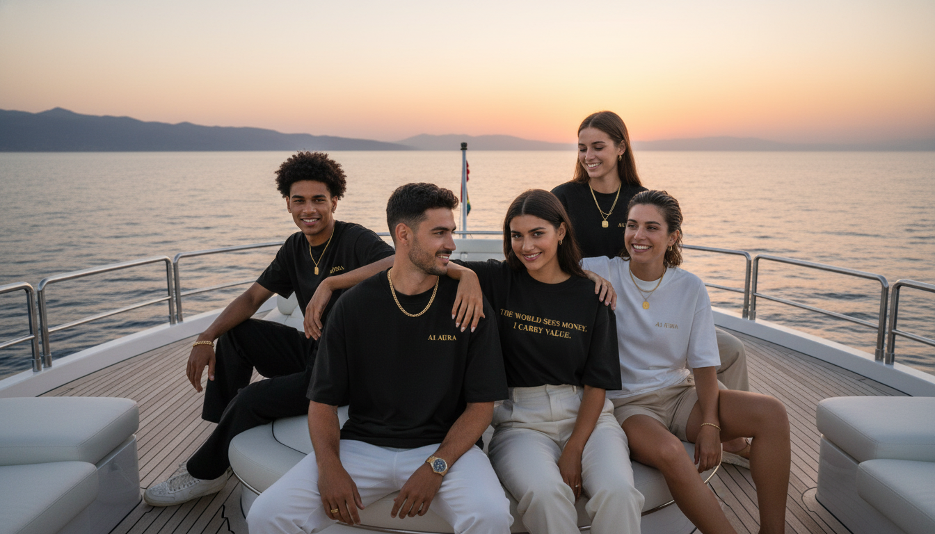 Diverse group of young adults in luxury streetwear on a yacht deck at sunset, overlooking the ocean, showcasing a rich lifest